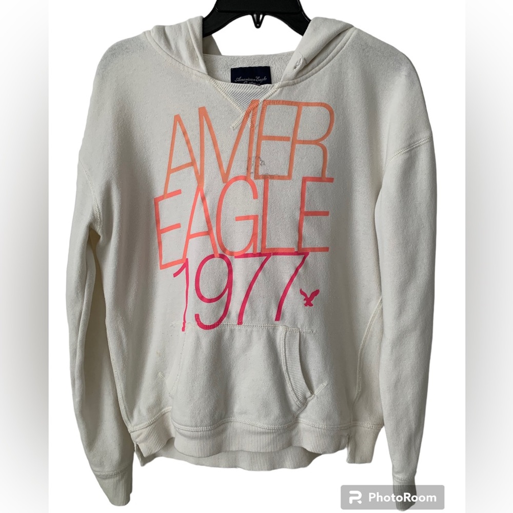 American Eagle Outfitters Hoodie Women M White Cream Sweatshirt Kangaroo Pocket